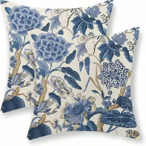 2pcs Blue Floral Pattern Pillow Covers, Vintage Floral Decorative Cushion Covers, Chinese Style Floral Plant Pillow Cases, Outdoor Rustic Linen Throw Pillow Covers For Sofa And Bed (16"X16", 18"X18", 20"X20")