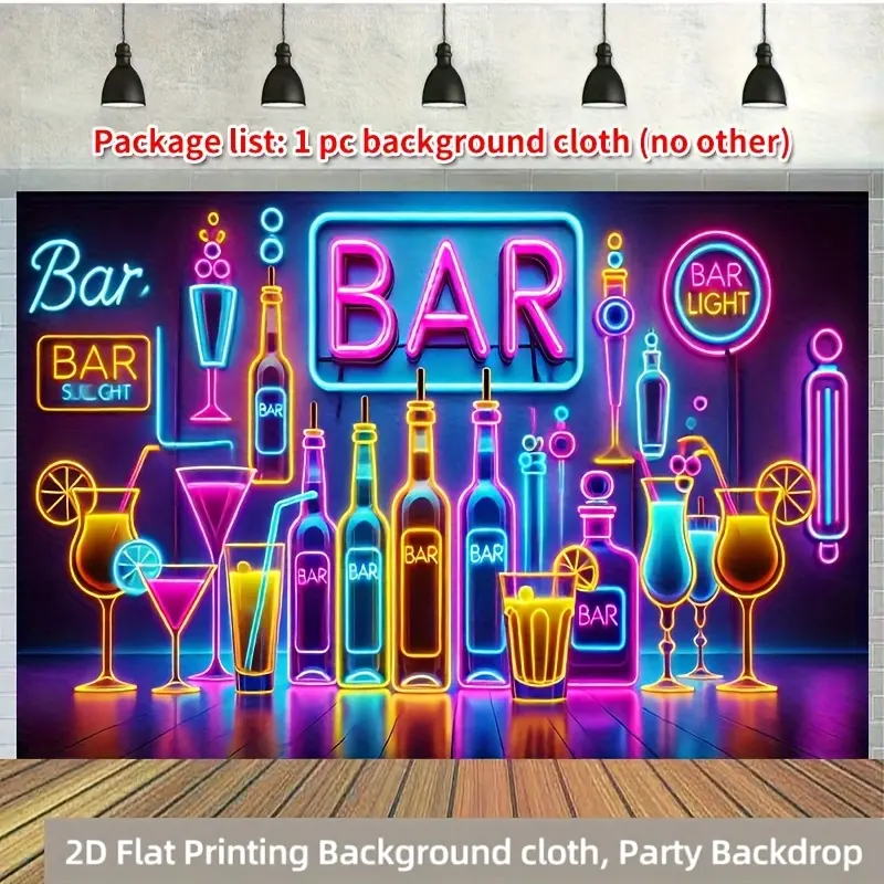 2D Flat 1pc Neon Bar Polyester Photography Backdrop, Party Banner Flag for Birthdays and Celebrations – Perfect for Home, Garden, Yard Anniversary Decorations & Photo Booth Props, Multi-Use Wall Hanging Sign White