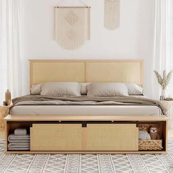 King Size Natural Rattan Platform Bed Frame with Sliding Barn Door Storage Cabinets, Headboard & Solid Wood Legs - Modern Farmhouse Boho Design, Convenient Farmhouse Design, Rustic Touch, No Box Spring Needed, Ideal for Boho Bedroom, Practical Storage