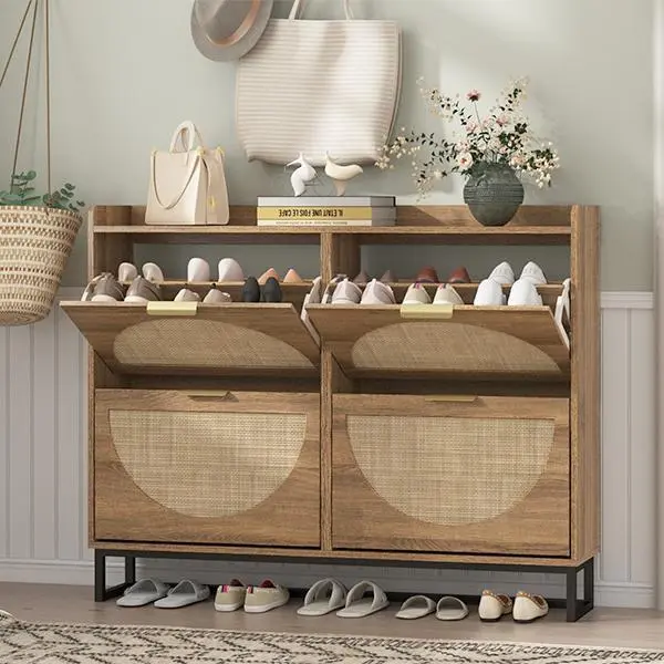 [Summergarden] Vabches Rattan Shoe Storage Cabinet - Narrow Freestanding Organizer with Display Riser, Metal Legs, Rustic Oak Finish, 25kg Capacity, Home Accessories, Entryway Indoor Furniture,dorm essentials,home decor