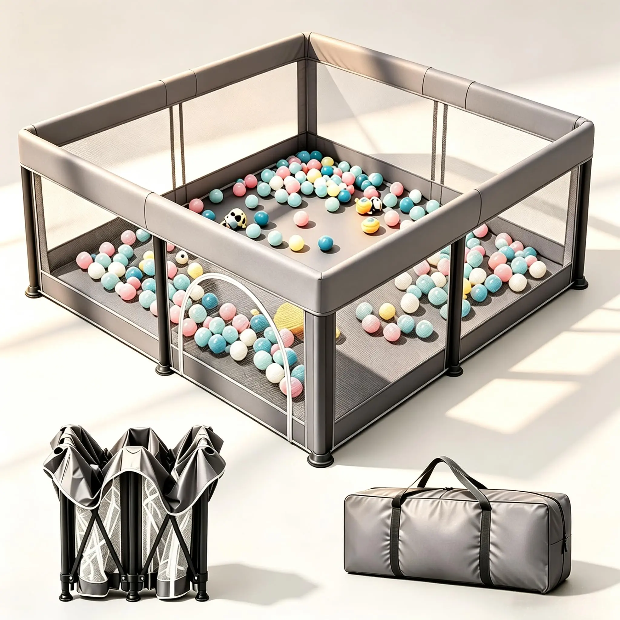 JINXIA Foldable Baby Playpen with Travel Pack, Grey | Collapsible Playard for Babies and Toddlers,Indoor&Outdoor Kids Safety Play Pen, 360° Breathable Mesh , Climb-Proof Anti-Fall