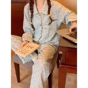 2025 Plaid Pajamas for Women Sweet Casual Long Sleeve Sleepwear Loose Home Tender Soft Daily