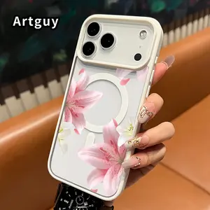 Magnetic Phone Case for iPhone 17 Pro Max 16 Plus 15 14 13 12 11 Air E Lily's Delicate Grace Pattern Acrylic Back Shockproof Ultra Thin Mobile Phone Cover Gift for boy girl
