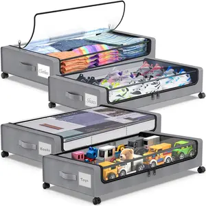 Beborxue Bed with Wheels, 4-Pack Underbed Containers with Clear Lids, XXL 60L the Bed Organizer Bins, Rolling Bed Drawer for Clothes,Shoes,Toys (Gray)