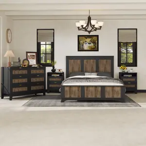 4-Pieces Queen Bedroom Sets, Queen Size Farmhouse Platform Bed Frame with Wooden Strip Decoration, 2 Storage Nightstands and A 6-Drawer Dresser with Metal Handle, Black