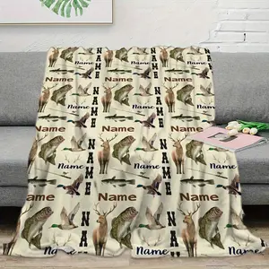Custom Name Personalized Fishing, Deer, Duck Pattern Throw Blanket - Comfortable, Soft, Skin-friendly Plush Flannel Blanket for Sofa, Bed - Cozy Warm Fleece Blanket Perfect for Home, Picnic, Travel - Ideal Gift for Friends, Family, Partners - Con
