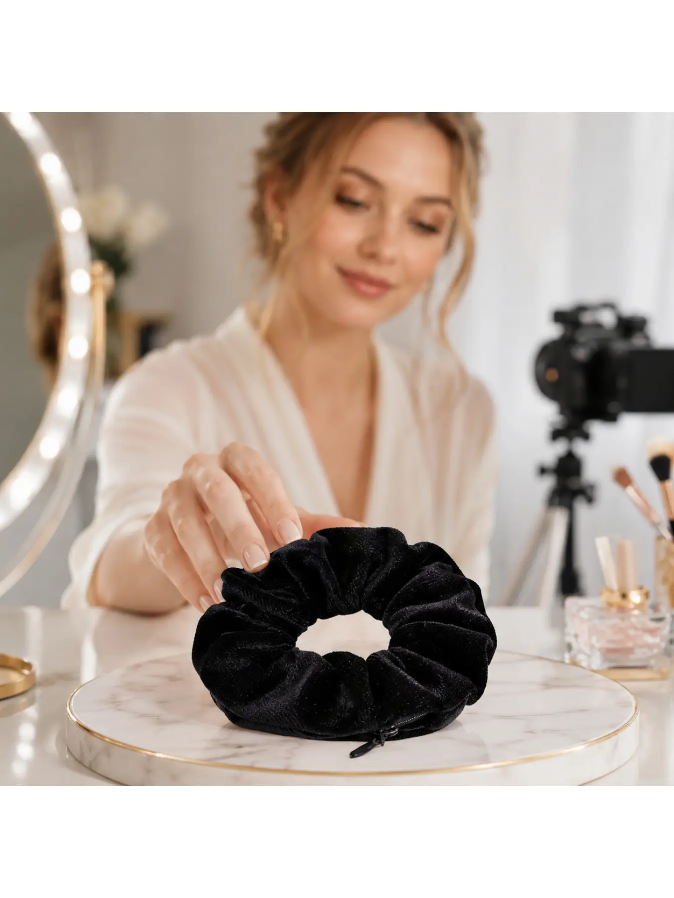 Soft Velvet Hair Scrunchie Hidden Zipper Pocket Hair Tie for Women Large Capacity Secret Storage Ponytail Holder Travel Makeup Organizer Fashion Hair Accessories for Girls Birthday Gift for Mom Wife Girlfriend Christmas Halloween Daily Beauty Essentials