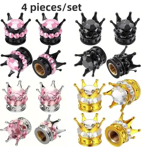 Round Crown Diamond Tire Valve Caps, 4 Piece Set, Abs Material with Sparkling Rhinestones, Universal Fit for Vehicle, Car, Truck & Bike Wheels, Truck Accessories, Van Accessories
