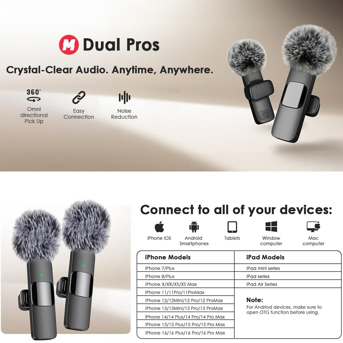 Two-pack wireless clip-on mic in black. Works with iPhone, iPad & Android! Plug and play—super easy. Smart noise cancellation for clean, crisp audio. Perfect for vlogs, live streams, interviews