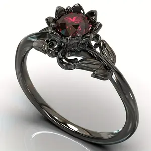 Elegant Lotus-Shaped Synthetic Ruby Ring - Vintage Palace Style, Perfect for Engagement & Wedding, Unique Black with Leaf Design, December Birthstone, for Wedding