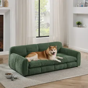 [Fahuac] Oversized Olive Green Linen Dog Sofa with Backrest and Armrests, Modern Elevated Pet Couch for Big Dogs, Durable Comfortable Lounge Bed