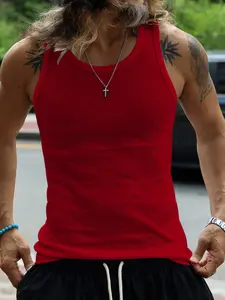 Ribbed Slim Fit Sports Tank Top, High Stretch Breathable Fabric, American Street Style Gym Wear, Men's Spring Summer, Ribbed Sports Vest