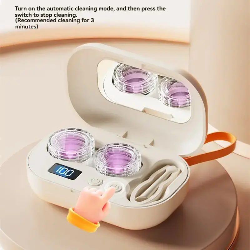 Ultrasonic Contact Lens Cleaner Rechargeable Daily Eye Contact Cleaner with Vanity Mirror Compact Contact Lens Cleaner with Two Cleaning Modes Fits Hard, Soft, Multicolor Contact Lens
