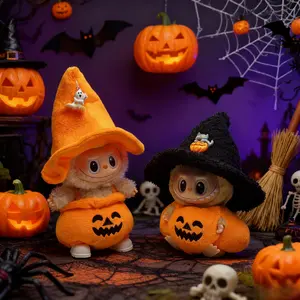 Labubu Halloween Pumpkin set ,Doll Dress and Hat Set Vibrant Pattern Cape Design Ideal for Halloween, Christmas Labubu Pumpkin Clothing Set 17cm Doll Clothes Halloween Witch Labubu Costume Set Halloween Labubu Doll Party Set Keychain