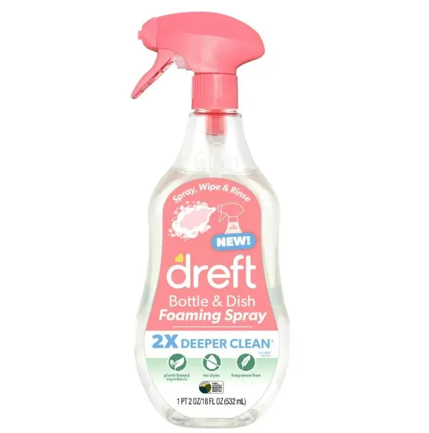 Dreft Bottle & Dish Foaming Spray, Baby Bottle Cleaner and Dish Soap, Plant-Based Formula, 18 oz