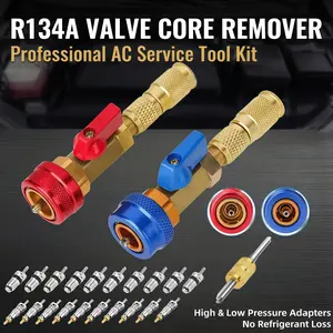 R134A Valve Core Quick Remover Installer Tool Kit - High Low Pressure Car A/C Valve Core Removal Tool Schrader Valve Stem Cores & Seal Caps for R134a Refrigeration Air Conditioner System