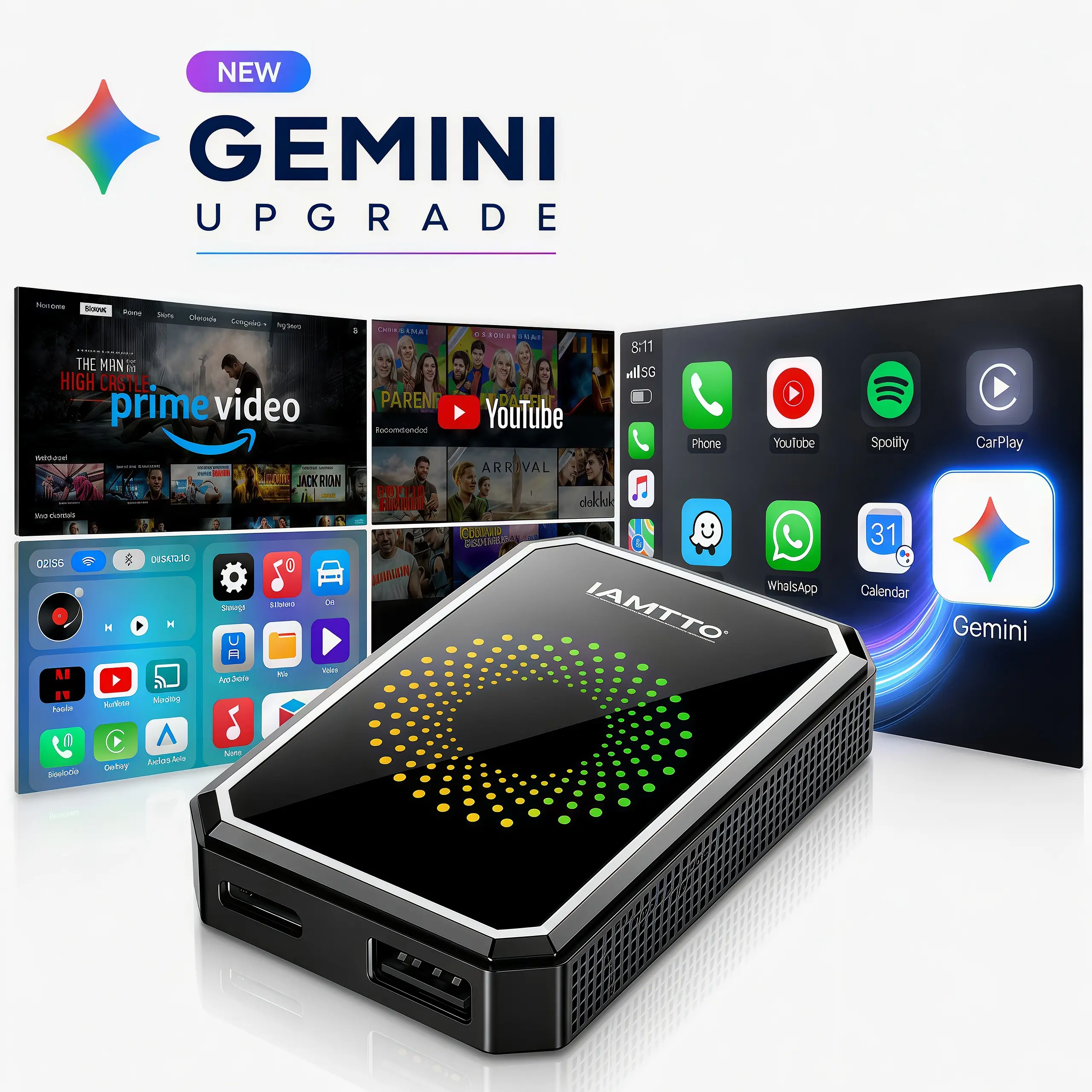 【Check Compatibility】LAMTTO 2026 Wired to Wireless CarPlay & Android Auto Adapter with Built-in Netflix, YouTube, TikTok & Gemini AI via Phone Hotspot | for Factory Wired CarPlay/AA Touchscreen Cars | Not for Tesla, BMW or Wireless CarPlay/AA