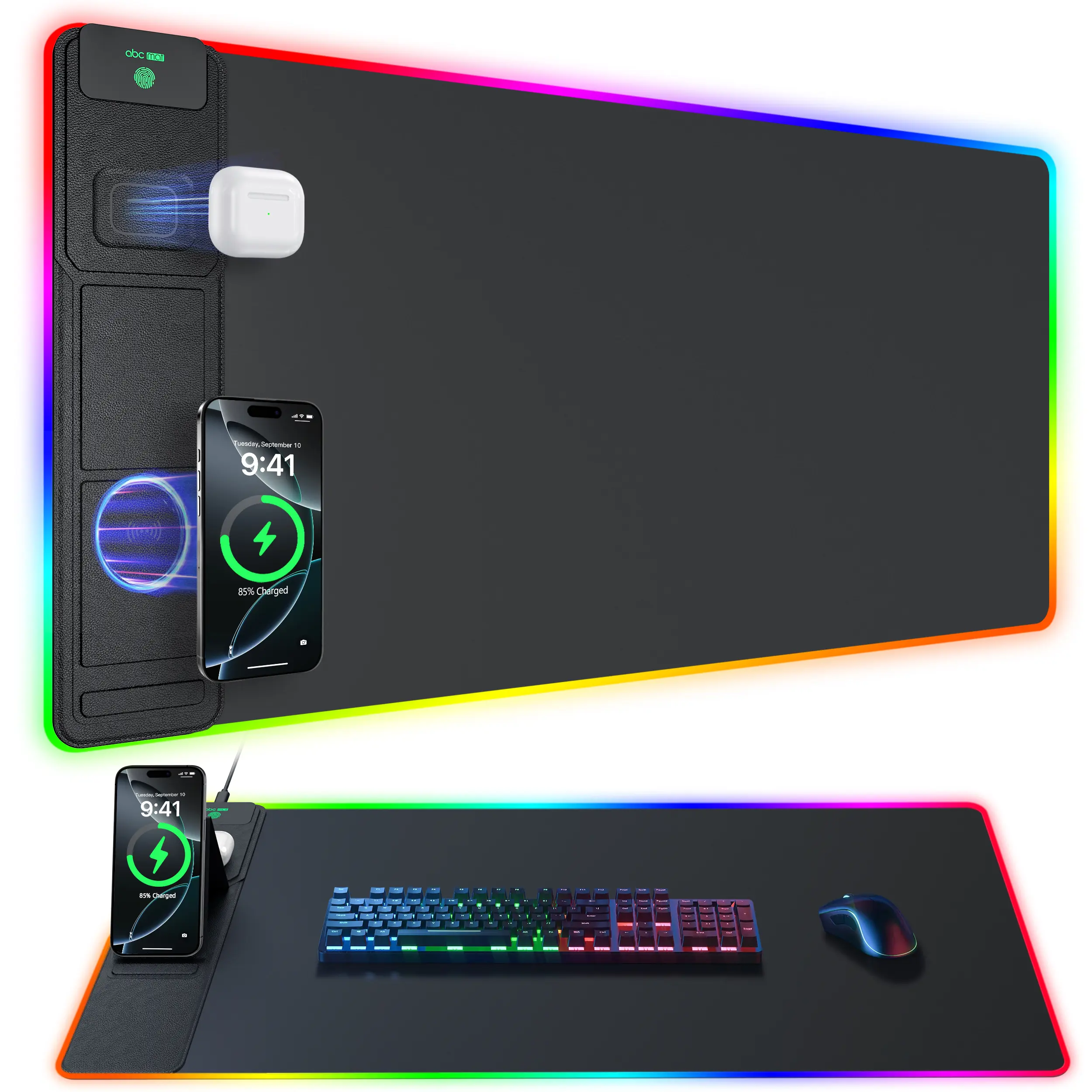 RGB Wireless Charging Mouse Pad with Phone Stand, 31.5 * 15.8 inches Large Gaming Mousepad, 24 Light Effects, Non-Slip Base, Waterproof Ultra-Smooth Surface Desktop Accessory