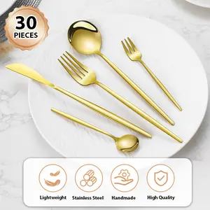 30-Piece Stainless Steel Silverware Set for 6 – Mirror-Polished Knives, Forks, Spoons, Teaspoons & Dessert Forks, Durable and Dishwasher-Safe Metal Cutlery Sturdy Colorful Stylish Dinnerware Set Tableware Set