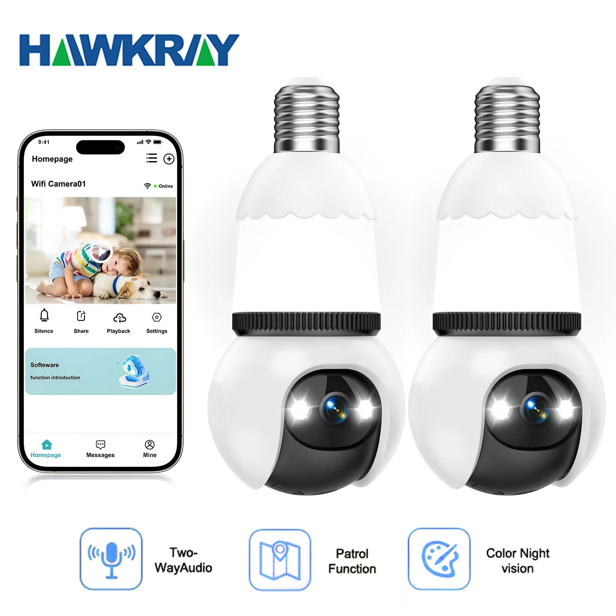 Hawkray 4MP Light Bulb security camera with 5G and 2.4GHz wireless indoor/outdoor camera with night vision, motion detection, 360° remote viewing and real-time alerts,24/7 Recording, Two-Way Audio for Home Security(2-pack)