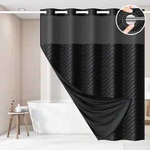 Waffle No Hook Shower Curtain and Liner Set, Black Snap in Shower Curtain Ringless Chevron Tufted Cloth Waterproof machine Washable Fabric Bath Curtain with See Through Top Window for Bathroom Hotel 71" x 74"