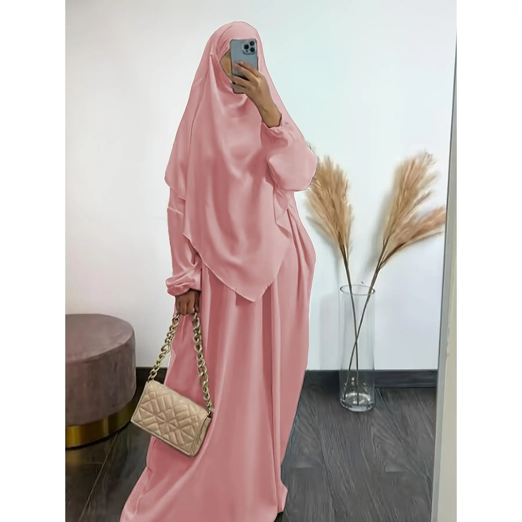 Muslim Plus Size Women's Solid Color Fashion Bat Sleeve Ramadan Abaya Dress Set, Two Piece Set