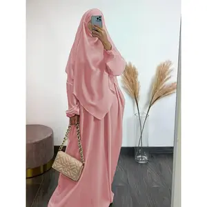 Muslim Plus Size Women's Solid Color Fashion Bat Sleeve Ramadan Abaya Dress Set, Two Piece Set