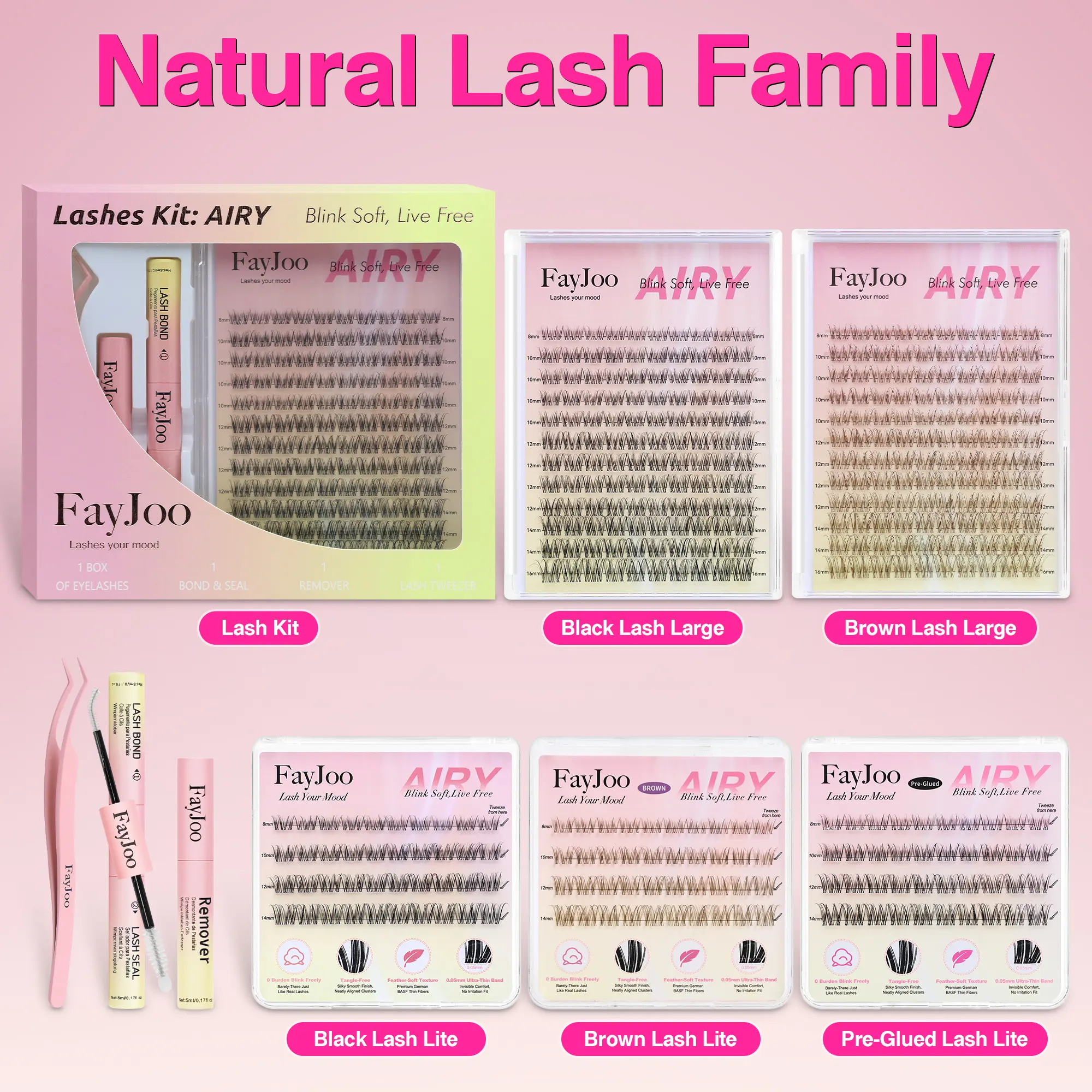 FayJoo Natural Lash Family Cosmetic Makeup Kit - C Curl, 0.05mm Thin Invisible Band Featherlight Soft Wispy Lash Clusters, Self-Adhesive Brown Style, Refill Pack, Bond Seal Remover, Tweezer