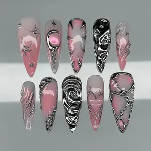 Light Luxury Premium Nails! Black Pink Edgy Exquisite Hand-Painted Metal Texture Press On Fake Nails, Minimalist Cyber Vibe, Edgy Accessory For Baddies