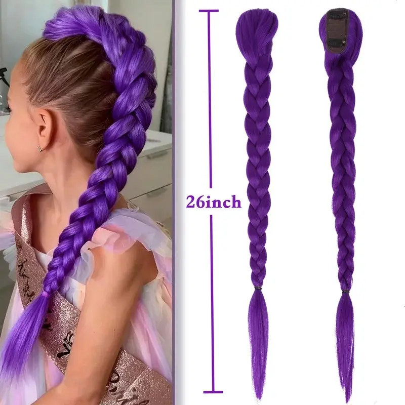 2026 New Purple Kpop  Braid Clip in Ponytail Hair Extension Long Ponytail Hairpieces Cosplay for  Girl Halloween Christmas