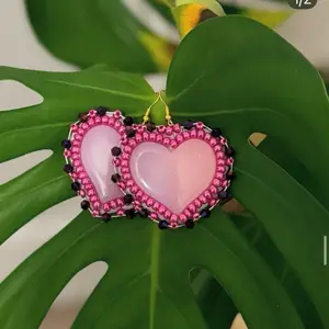 Hot Pink Beaded Heart Earrings
