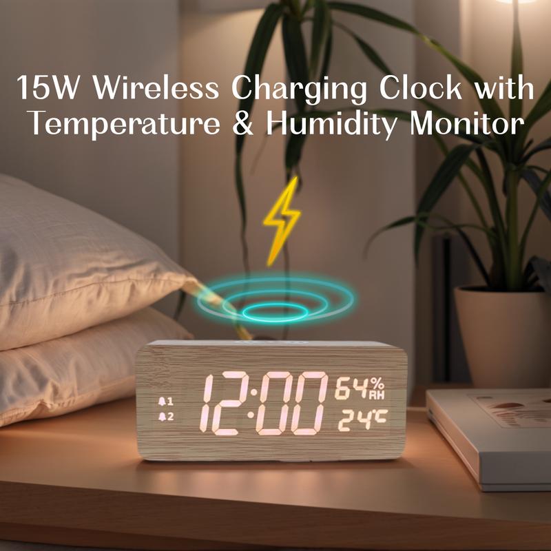 DARAUME Wooden Digital Alarm Clock  Alarm Clock with Qi 15W Wireless Charging Pad  Brightness Adjuster and Alarm Volume Adjuster  Snooze Function  Dual Alarms with Sound Control Function, Time and Date and Temperature Display for Bedroom, Office and Home