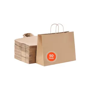 VEVOR Large Size Reusable Kraft Paper Sacks with Rope Handles, 50Pcs 16x6x12in Recycled Brown Grocery Take-Out Bags, Plain Bulk Business Gift Sacks
