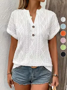 Women's Casual Hollow Out Button Short Sleeve Top Shirts, Summer Loose Fit Blouse, Stylish and Comfortable Ladies' Clothing, Womenswear