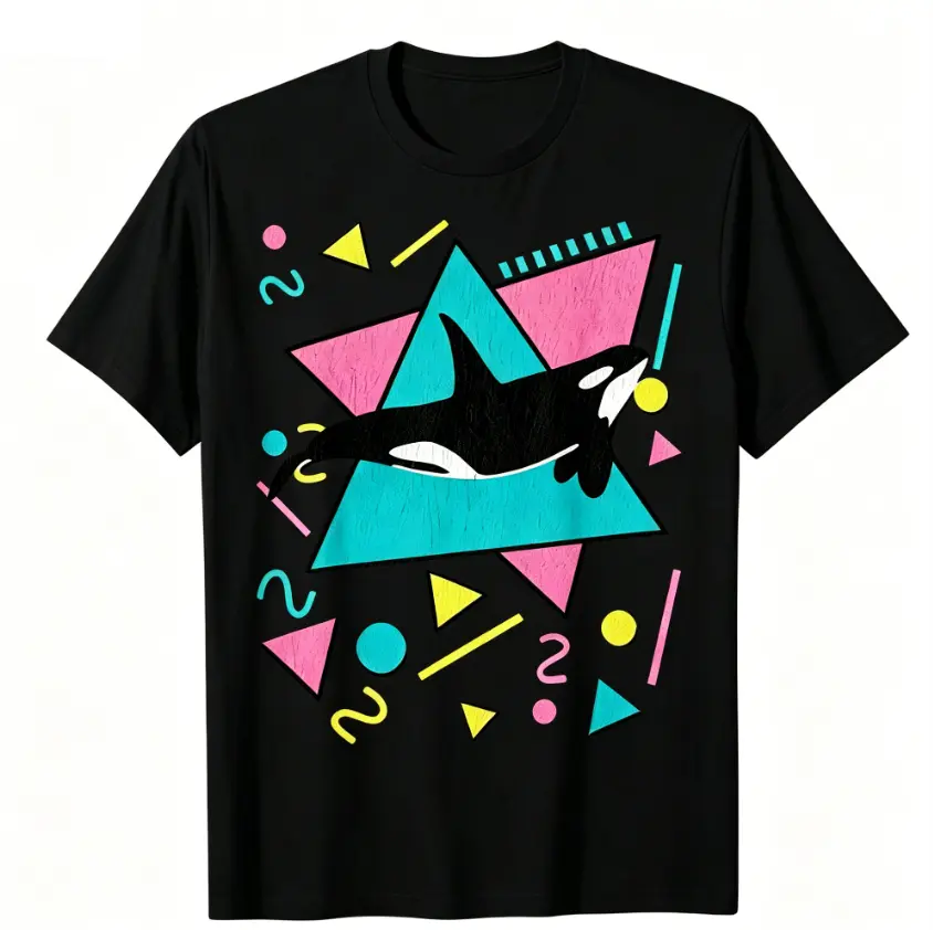 Vintage 80s Neon Geometric Orca Killer Whale T‑Shirt, Retro Ocean Animal Crew Neck Short Sleeve Casual Tee For Men Women