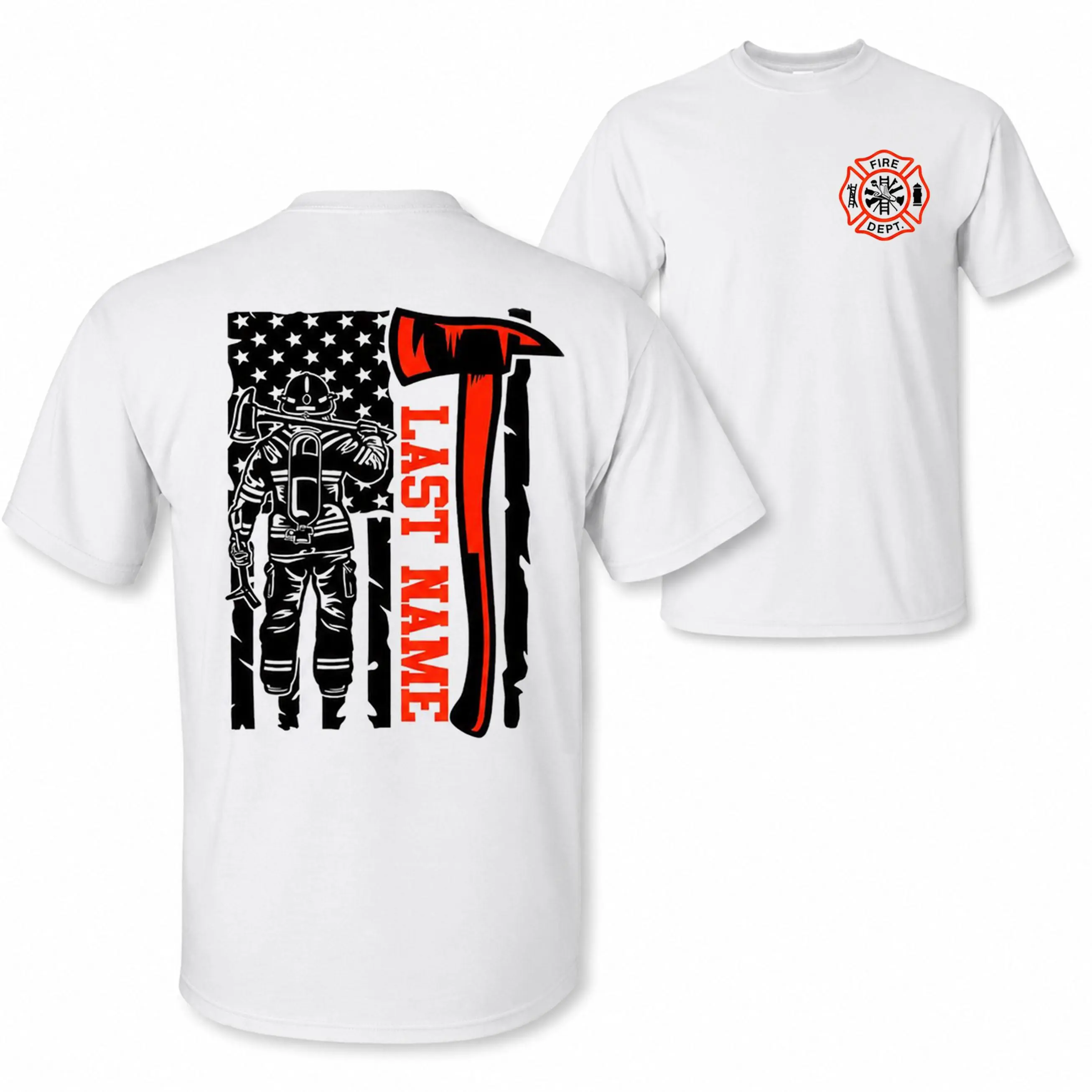 [CUSTOM NOTE PLS] Personalized Firefighter Last Name T Shirt, Firefighter Axe American Flag Graphic With Custom Name Design, Fire Department Gift For Firefighters And Firehouse Families Casual Classic