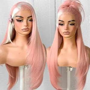 Skunk Stripe 13x6 Glueless Synthetic Lace Frontal Wig Pre-Plucked Pre-Layered Pre-Cut Wear And Go Layered Straight Wig Pink Ginger Blonde Reddish Brown