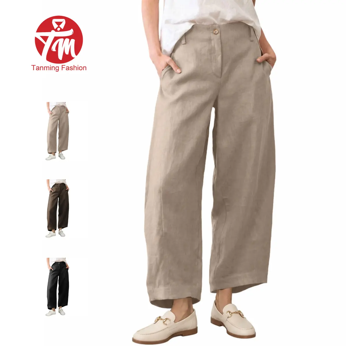 Tanming Women's Casual Baggy Linen Blend Pants, High Waisted Pull On Wide Leg Style with Pockets for Summer, Bottom, Cotton, Zip, Ankle, Lightweight, Lo, Plain