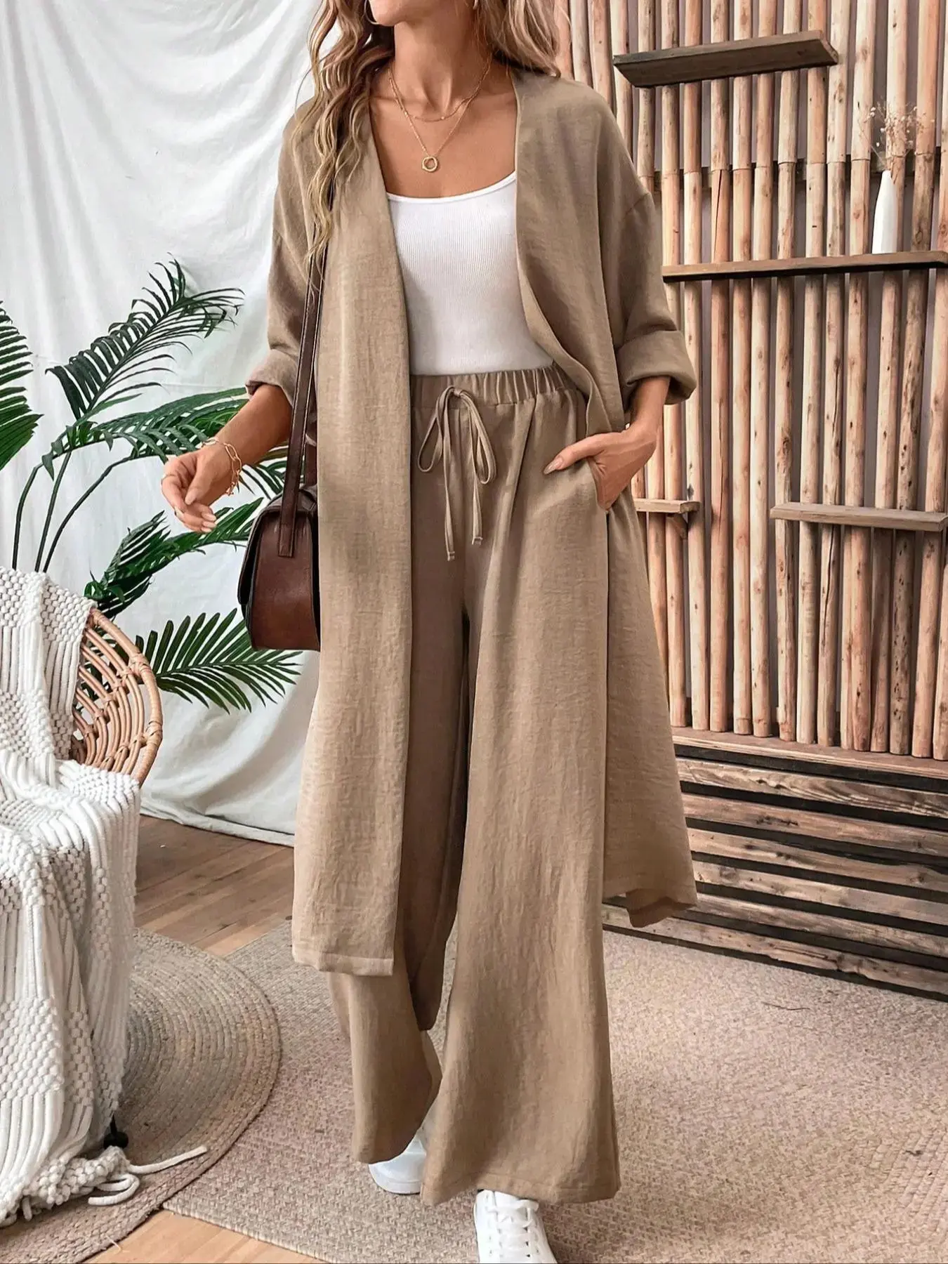 Two-Piece Set Women's Solid Open Front Split Hem Kimono & Tie Pocket Fashion Pants Set Coordinated Set, Casual Outfits Women Drop Shoulder Long Sleeve Outerwear Elastic Waist Trousers, Spring Fall Clothes, Loose Fit