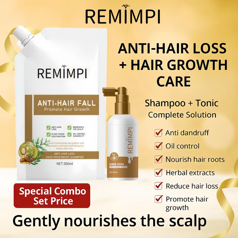 REMIMPI Hair Revival System – 12-Month Anti-Hair Loss & Regrowth Kit | Herbal Shampoo + Hair Tonic Set for Thicker, Fuller Hair | Ginseng, Polygonum & Jojoba Root Strengthening Formula (300ml + 50ml) Restore