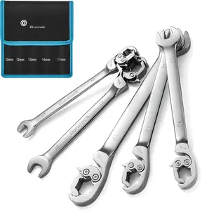 Ratcheting Flare Nut Wrench Set, Open End Wrench Set, Metric, 5-, 10, 12, 13, 14, 17mm, CR-V Steel, Organizer Pouch Included