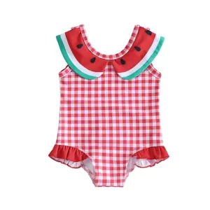 Infant Baby Girl Summer Swimsuit Watermelon Print Flying Sleeve Plaid Bathing Suit for Pool Beach 0-24 Months