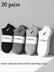 20 Pairs Unisex Geometric Pattern Solid Color Athletic Ankle Socks, Casual Comfortable Breathable Versatile, Suitable for Daily Wear, Sports, Home, Business, Plain