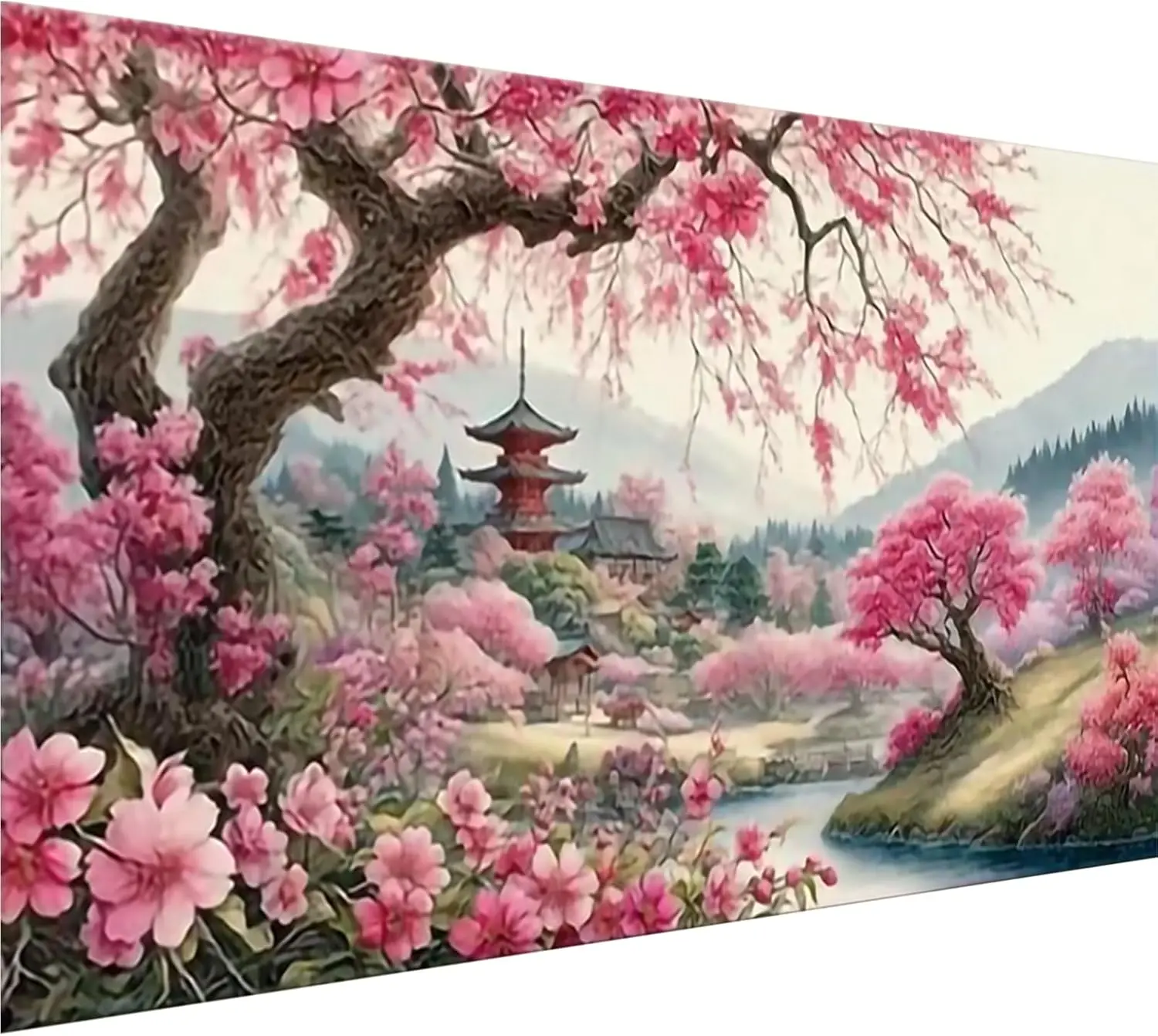 5D DIY Diamond Painting Kit, Oriental Cherry Blossom Ancient Pavilion River Mountain Scenery Art, Floral Nature Canvas Wall Decor Craft for Home
