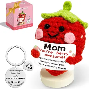 Mom Gifts from Daughter Son Handmade Crochet Strawberry Keychain with Berry-Awesome Card Base Ideal for Mom's Birthday Christmas Mother's Day Stocking Stuffers Presents
