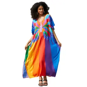 Women's Boho Ethnic Print Kaftan Dress Plus Size Oversized Maxi Dress Summer Beach Cover Up Casual Loose Caftan for Vacation Party - Rainbow Butterfly
