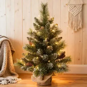 2 FT Mini Pre-Lit Christmas Tree with 58 Branches 35 LED Lights Realistic Pine Cones for Home Office Desk Holiday Gatherings Decoration Ornaments Cozy Holiday Magic