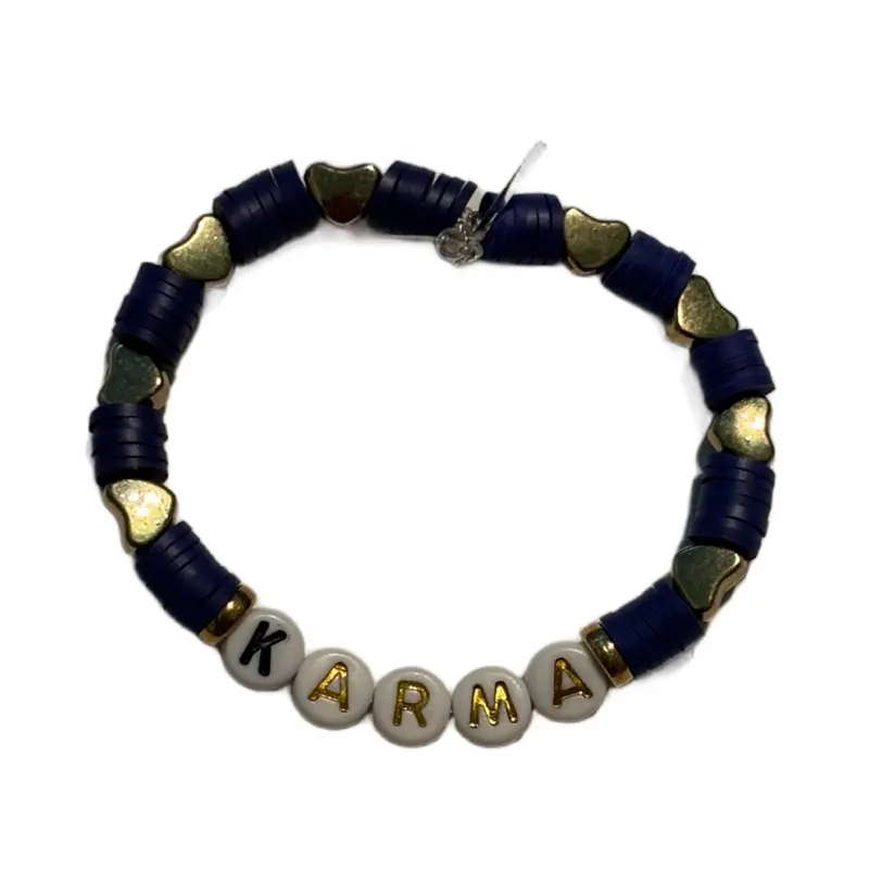 Karma Friendship Bracelet with Navy Blue Beads and Gold Heart Charms - Personalized Name Beads Included