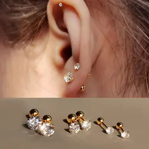 18K Gold-Plated Stainless Steel 3 Pairs of Simple Round Ball Twist 4-Prong Earrings Cubic Zirconia Earrings for Minimalist Fashion Elegant