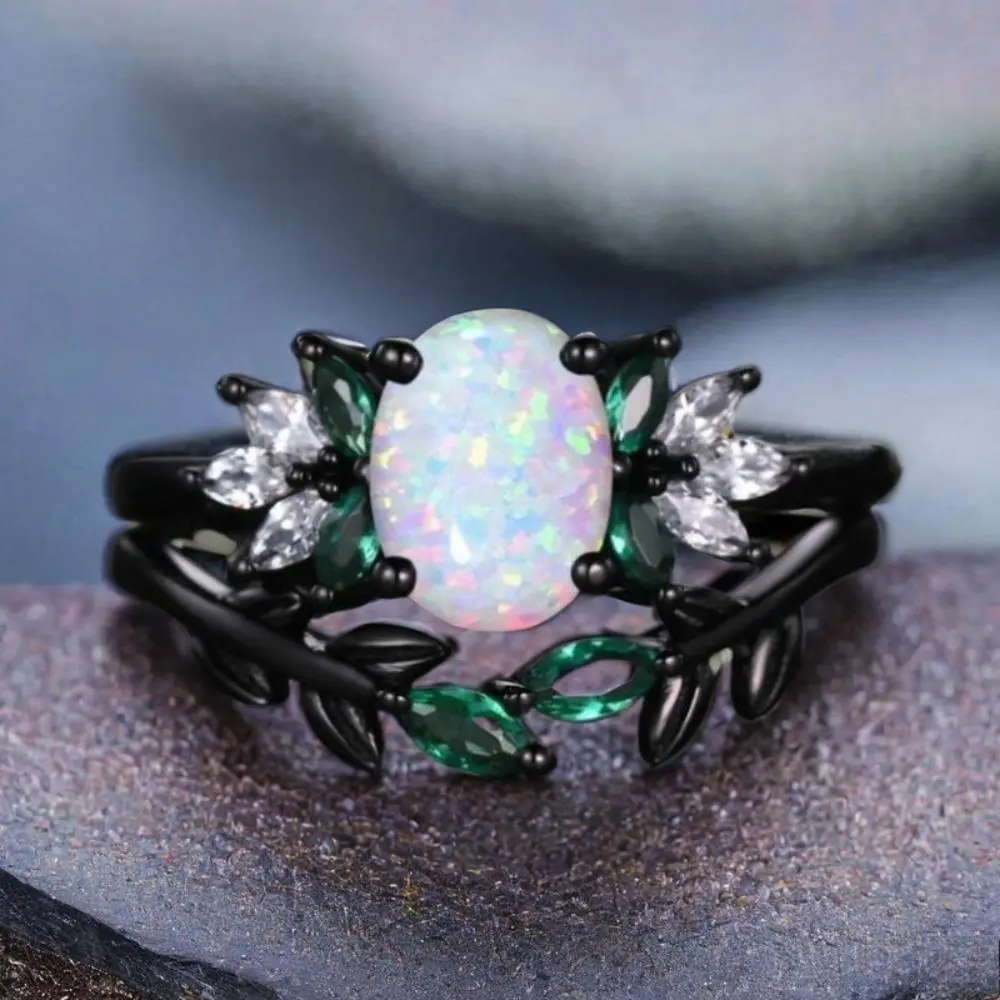 Bridal Ring Set for Women, 2-Piece Glamorous Black Synthetic Opal and Oval Cubic Zirconia Engagement Jewelry, Rings For Women